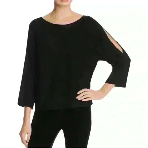 Women’s Eileen Fisher Black Blouse Top Shoulder Slits/Cutout 100%Merino Wool XS - Picture 1 of 13